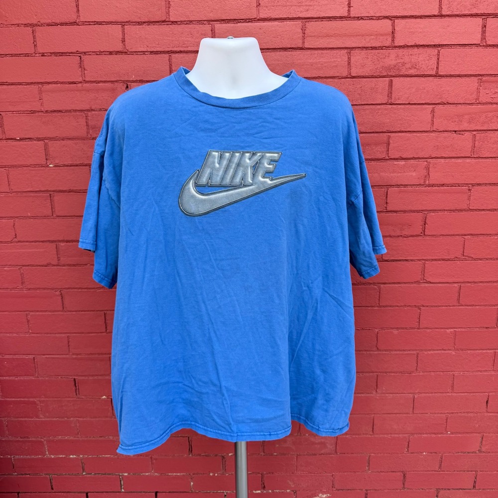Vtg 90s Nike Team Blue Graphic Shirt XXL Silver Swoosh Logo Tee Streetwear